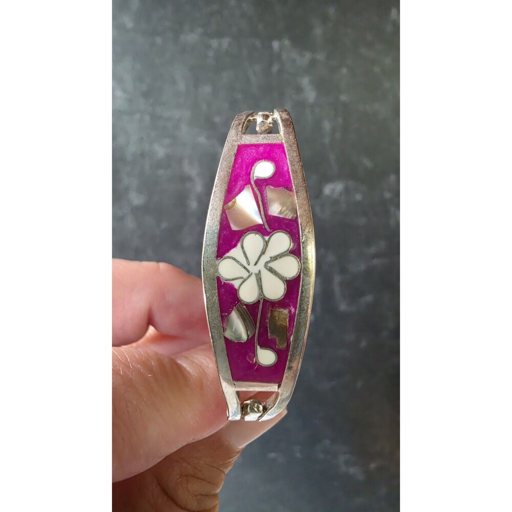 Alpaca Mexico Abalone Shell Enamel Floral Hinged Bangle Bracelet Vintage